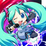  aqua_hair bad_id bad_pixiv_id blue_eyes detached_sleeves hatsune_miku headset highres long_hair microphone necktie one_eye_closed open_mouth oshiete!!_mahou_no_lyric_(vocaloid) pinky_out sakurabe_notosu skirt smile solo thighhighs twintails vocaloid 