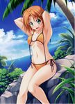  absurdres ahoge bikini breasts dressing green_eyes hair_ornament highres medium_breasts navel ocean orange_hair orihara_natsumi rock short_hair side-tie_bikini sitting solo swimsuit takeya_masami te_to_te_try_on untied untied_bikini 