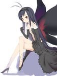  accel_world antenna_hair bare_shoulders black_hair butterfly_wings crossed_legs dress elbow_gloves flat_chest gloves hair_twirling hairband high_heels kuroyukihime legs long_hair long_legs looking_at_viewer shoes sitting solo wings yamamoto_shima 