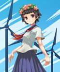  black_hair brown_eyes flower hair_flower hair_ornament head_wreath kiyune sakugawa_school_uniform school_uniform serafuku short_hair skirt solo to_aru_kagaku_no_railgun to_aru_majutsu_no_index uiharu_kazari wind_turbine windmill 