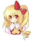  ascot bad_id bad_pixiv_id bangs blonde_hair bow eyebrows eyebrows_visible_through_hair flandre_scarlet hair_between_eyes hair_bow lunica red_eyes side_ponytail smile solo touhou yellow_neckwear 