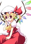  :d bell_(oppore_coppore) blonde_hair flandre_scarlet gradient_hair green_hair hat heart heart-shaped_pupils index_finger_raised looking_at_viewer multicolored_hair open_mouth pointing pointing_up red_eyes short_hair side_ponytail simple_background smile solo symbol-shaped_pupils touhou wings 