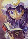  :o beak book bow colored_pencil_(medium) cosplay crescent crescent_hair_ornament hair_bow hair_ornament hat long_hair looking_at_viewer medli medli_(cosplay) mob_cap o_den patchouli_knowledge purple_eyes purple_hair rito scan solo the_legend_of_zelda touhou traditional_media 