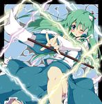  album_cover blue_eyes blush cover detached_sleeves foreshortening frog green_hair hair_ornament hands japanese_clothes kochiya_sanae lightning long_hair outstretched_arm piromizu snake solo touhou wince 