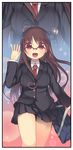  ahoge arima_senne brown_hair glasses highres kashiwamochi_yomogi long_hair necktie original red_eyes school_uniform solo sparkle zoom_layer 