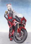  biker_clothes bikesuit colored_pencil_(medium) fujiwara_no_mokou ground_vehicle hair_ribbon hand_on_hip highres lips motor_vehicle motorcycle ribbon rpracing signature solo standing touhou traditional_media yamaha 