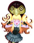  ^_^ blonde_hair closed_eyes fang gloves long_hair pointy_ears red_eyes reptilianne_naga skirt smile snake solo yuu-gi-ou yuu-gi-ou_duel_monsters 