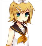  aqua_eyes bad_id bad_pixiv_id blonde_hair eating food hair_ornament hair_ribbon hairclip kagamine_rin manio pocky ribbon short_hair simple_background solo vocaloid 