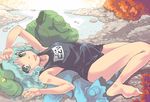  :p bag barefoot blue_eyes blue_hair feet hands hat kawashiro_nitori lying md5_mismatch on_back one-piece_swimsuit river school_swimsuit short_hair solo swimsuit tongue tongue_out touhou two_side_up yuu_(kfc) 