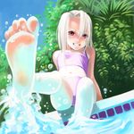  artist_request barefoot bikini bush child day dutch_angle fate/stay_night fate_(series) feet foreshortening grin illyasviel_von_einzbern kicking navel outdoors pool poolside pov_feet red_eyes reflection sitting smile soaking_feet soles solo splashing swimsuit tankini water white_hair 