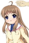  ahoge blue_eyes brown_hair clannad fujieda_hiro long_hair miyazawa_yukine school_uniform single_hand solo_focus 