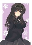  amagami bad_id bad_pixiv_id black_hair black_jacket blue_eyes blush hairband jacket kibito_high_school_uniform long_hair long_sleeves morishima_haruka pleated_skirt plus9 school_uniform skirt smile solo 