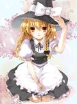  apron bad_id bad_pixiv_id blonde_hair braid hand_on_headwear hat kirisame_marisa lips long_hair looking_at_viewer momoko_(momopoco) petals seiza side_braid sitting solo touhou waist_apron witch_hat yellow_eyes 