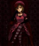  blonde_hair bow breasts chin_rest crossed_legs dress elbow_gloves gloves hair_bow hair_ornament hairclip hat jewelry lambdadelta large_breasts necklace pink_hat red_eyes sitting solo striped striped_legwear thighhighs tori_(kina18-2) umineko_no_naku_koro_ni 