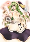  bare_shoulders detached_sleeves dress fechirin green_eyes green_hair hat highres layla_prismriver long_hair musical_note solo touhou 