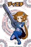  bodysuit brown_eyes brown_hair dieci_(nanoha) gun lyrical_nanoha mahou_shoujo_lyrical_nanoha_strikers non-web_source numbers'_uniform numbers_(nanoha) ponytail solo weapon 