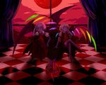  bat_wings chain checkered checkered_floor crossed_legs fangs flandre_scarlet full_moon glowing glowing_eyes goocn highres moon moonlight multiple_girls night no_hat no_headwear red_eyes red_moon remilia_scarlet siblings sisters sitting thighhighs touhou vanishing_point window wings 