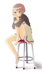  barefoot brown_eyes brown_hair dress feet leg_hug legs mattaku_mousuke original short_hair sitting solo stool 