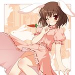  animal_ears bamboo bamboo_forest blush brown_hair bunny bunny_ears bunny_tail carrot finger_to_mouth forest inaba_tewi jewelry nature one_eye_closed orange_eyes pendant short_hair shushing solo tail touhou yamasan 