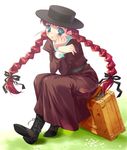  anne_of_green_gables anne_shirley aqua_eyes belt boots braid chin_rest dress flower full_body hat jpeg_artifacts long_hair long_sleeves mitsumomo_mamu red_hair ribbon shoes simple_background sitting solo suitcase twin_braids 