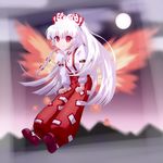  bad_id bad_pixiv_id bow fiery_wings fire fujiwara_no_mokou full_moon gogovege hair_bow hair_ribbon long_hair long_sleeves moon oekaki pants ponytail red_eyes ribbon shirt shoes silver_hair smile solo suspenders touhou white_shirt wings 