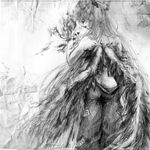  annoyed back fiery_wings fire fujiwara_no_mokou greyscale monochrome sketch solo spaetlese topless touhou traditional_media wings 