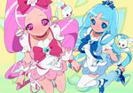  aqua_background blue_choker blue_eyes blue_hair blue_skirt bow choker chypre_(heartcatch_precure!) coffret_(heartcatch_precure!) cure_blossom cure_marine green_background hanasaki_tsubomi heartcatch_precure! kawasaki_kazuhiko kurumi_erika magical_girl mascot multiple_girls pink_bow pink_choker pink_eyes pink_hair precure skirt thighhighs 