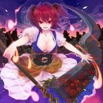  breasts cleavage dusk flower ghost hair_bobbles hair_ornament large_breasts onozuka_komachi red_eyes red_hair scythe short_hair solo touhou two_side_up weapon yukimichi_(nieko) 
