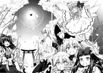  bow comic detached_sleeves drill_hair greyscale hair_bow hakurei_reimu highres hirasaka_makoto izayoi_sakuya kirisame_marisa lily_white long_hair luna_child maid monochrome multiple_girls petals ribbon silent_comic smile spring_(season) star_sapphire sunny_milk torii touhou touhou_sangetsusei twintails 