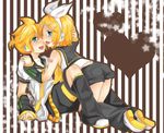  1girl aqua_eyes bad_id bad_pixiv_id blonde_hair brother_and_sister detached_sleeves hair_ornament hair_ribbon hairclip headphones heart kagamine_len kagamine_rin m_eme ribbon short_hair shorts siblings smile twins vocaloid 