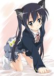  all_fours animal_ears black_hair blazer brown_eyes cat cat_ears crossover da_capo da_capo_i highres jacket k-on! long_hair nakano_azusa neck_ribbon nekogoro red_ribbon ribbon school_uniform socks solo twintails utamaru 