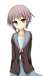  a.ringo bangs brown_eyes cardigan grey_hair kita_high_school_uniform nagato_yuki school_uniform serafuku short_hair solo suzumiya_haruhi_no_yuuutsu 