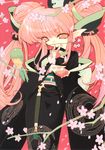  bird blade_(galaxist) cherry_blossoms fingerless_gloves gloves highres japanese_clothes kimono long_hair original pink_eyes pink_hair pointy_ears scan solo twintails 