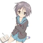  bad_id bad_pixiv_id book brown_eyes cardigan core_(mayomayo) glasses grey_hair kita_high_school_uniform looking_up nagato_yuki school_uniform serafuku short_hair solo suzumiya_haruhi_no_shoushitsu suzumiya_haruhi_no_yuuutsu 