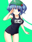  armpits bad_id bad_pixiv_id bangs bare_shoulders blue_eyes blue_hair blunt_bangs blush bow breasts hair_bobbles hair_bow hair_ornament hands hat highres kawashiro_nitori large_breasts one-piece_swimsuit one_eye_closed salute school_swimsuit short_hair simple_background smile solo swimsuit touhou tsukumiya_amane twintails two_side_up 