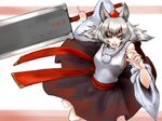  alternate_weapon animal_ears bad_id bad_pixiv_id detached_sleeves hat highres huge_weapon inubashiri_momiji miatsushi red_eyes short_hair silver_hair solo sword tokin_hat touhou weapon wolf_ears 