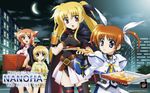  3girls arf blonde_hair blue_eyes breasts brown_hair cape cleavage cleavage_cutout crescent_moon eating fang fate_testarossa fingerless_gloves food glass gloves hair_ribbon long_hair lyrical_nanoha mahou_shoujo_lyrical_nanoha mahou_shoujo_lyrical_nanoha_the_movie_1st medium_breasts moon multiple_girls non-web_source official_art okuda_yasuhiro open_mouth pizza pizza_hut product_placement purple_eyes red_eyes red_hair ribbon short_hair short_twintails skirt smile takamachi_nanoha thighhighs twintails wallpaper yuuno_scrya 