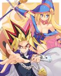  1girl bare_shoulders blonde_hair blue_eyes breasts card choker cleavage dark_magician_girl duel_disk duel_monster holding holding_card long_hair medium_breasts pentacle shunin staff yami_yuugi yuu-gi-ou yuu-gi-ou_duel_monsters 