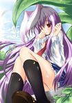  animal_ears black_legwear blush bunny_ears crescent kneehighs long_hair necktie nozomi_tsubame one_eye_closed purple_hair rainbow red_neckwear reisen_udongein_inaba sitting skirt solo sunlight touhou very_long_hair water_drop wet wince 