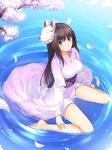  bare_legs barefoot blue_eyes brown_hair cherry_blossoms face feet fox_mask from_above hands japanese_clothes kimono legs looking_at_viewer looking_up mask original partially_submerged petals ripples sitting solo toes wariza water yanagi_(tsukiakari) 