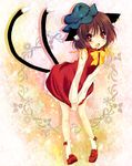  animal_ears ayase_non brown_hair cat_ears cat_tail chen earrings hat jewelry multiple_tails red_eyes short_hair solo tail touhou 