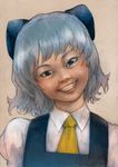  bad_id bad_pixiv_id blue_hair bow cirno grin hair_bow head_tilt horror_(theme) o_den portrait realistic smile solo touhou 