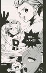  1girl earrings gen_1_pokemon gen_2_pokemon gloves greyscale jewelry kojirou_(pokemon) long_hair meowth monochrome musashi_(pokemon) one_eye_closed pokemon pokemon_(creature) short_hair team_rocket wobbuffet 