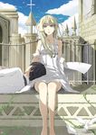  1girl bad_id bad_pixiv_id barefoot bird black_hair blonde_hair blue_eyes cross detached_sleeves dove dress hands lap_pillow legs natuwaya original plant sitting solo_focus vines wind 