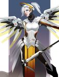  blue_eyes breasts cowboy_shot high_ponytail jeny_wang large_breasts lips long_hair looking_to_the_side mechanical_halo mechanical_wings mercy_(overwatch) nose overwatch pantyhose parted_lips ponytail silver_hair solo staff swiss_flag wings yellow_wings 