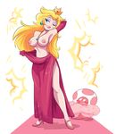  1girl blonde_hair blue_eyes blush breasts crown earrings elbow_gloves gloves herny jewelry lipstick long_hair makeup necklace nipples one_eye_closed pose princess_peach super_mario_bros. toad undressing 