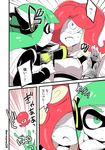  &gt;_&lt; artist_name at_gunpoint check_translation closed_eyes comic defeat domino_mask eromame eyebrows green_eyes green_hair gun_to_head hands_up hero_shot_(splatoon) inkling long_hair mask midriff multiple_girls partially_colored purple_eyes red_hair splatoon_(series) splatoon_1 squidbeak_splatoon super_soaker sweat takozonesu tank_top thick_eyebrows translation_request twitter_username 