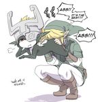  1boy 1girl ass ass_grab blonde_hair boots bored butt_crack face_in_ass floating hard_translated hat helmet imp kanya_pyi knee_boots link midna nintendo pointy_ears red_eyes the_legend_of_zelda the_legend_of_zelda:_twilight_princess tunic 