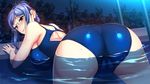  1girl ass back bare_shoulders bent_over blue_hair blush breasts erect_nipples from_behind game_cg glasses hair_up highres hozumi_kaoru huge_breasts itsu_made_mo_musuko_no_mama_ja_irarenai!_2 legs long_hair looking_back night partially_submerged pool shiny shiny_clothes smile swimsuit thighs water wet yellow_eyes 