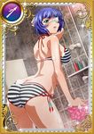  1girl ass back bare_shoulders blue_hair blush bra breasts butt_crack curvy eyepatch female huge_ass ikkitousen large_breasts looking_at_viewer looking_back open_mouth panties ryomou_shimei short_hair sideboob solo standing striped_panties swimsuit underwear wet 